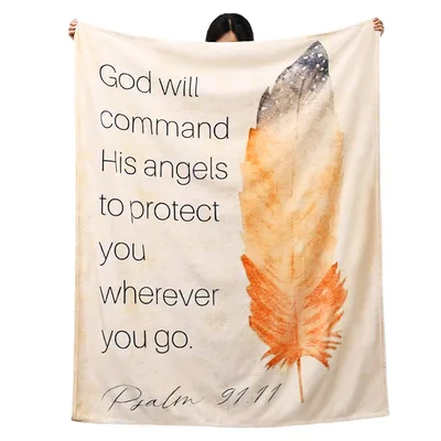 Bible Verse Feather Blanket: Psalm 91:11 with Watercolor Wing Design