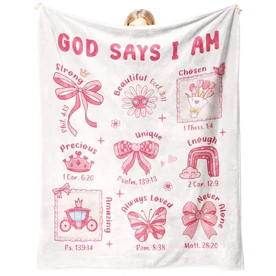 God Says I Am Bible Blanket: Pink Bows and Verses