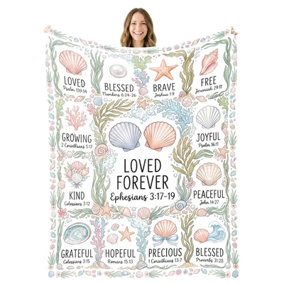 Loved Forever Bible Verses Blanket with Seashell Design