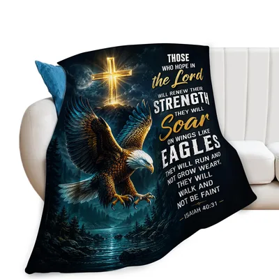 Bald Eagle Bible Verse Blanket with Isaiah 40:31 and Golden Cross