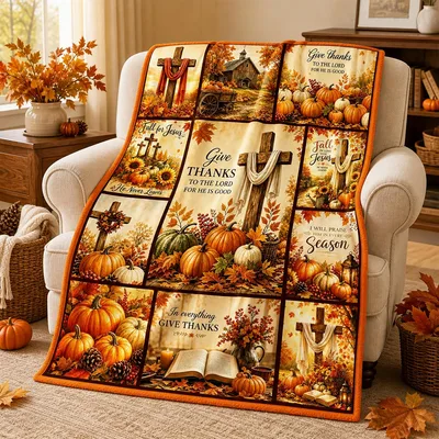 Fall Thanksgiving Bible Verse Blanket: Pumpkins and Scripture