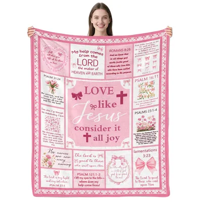 Love Like Jesus Bible Blanket with Pink Bows and Verses