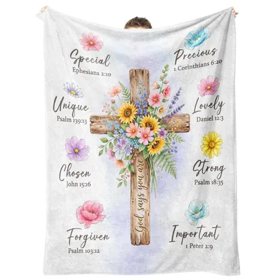 Religious Floral Cross Blanket with Bible Verses