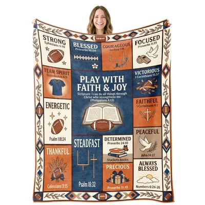 Christian Football Scripture Blanket: Play With Faith and Joy Design