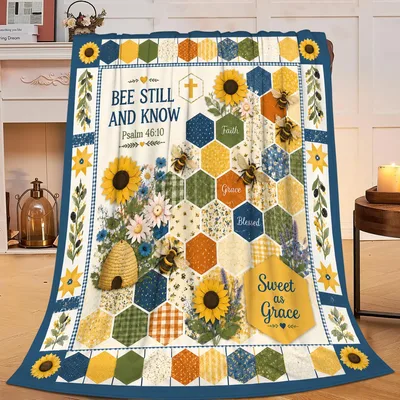 Bee Still and Know Blanket with Honeycomb Sunflowers