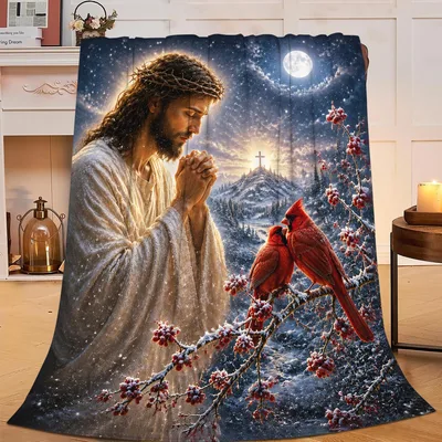Christian Faith Snow Blanket: Jesus in Prayer with Cardinals