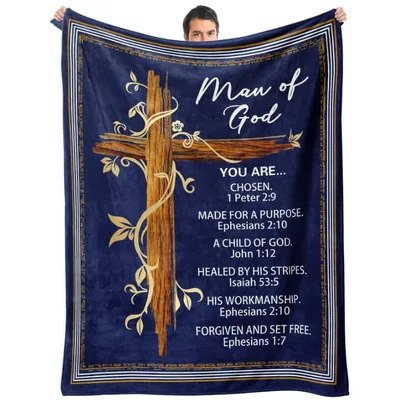 Christian Men Faith Cross Blanket - Man of God Scripture Design
