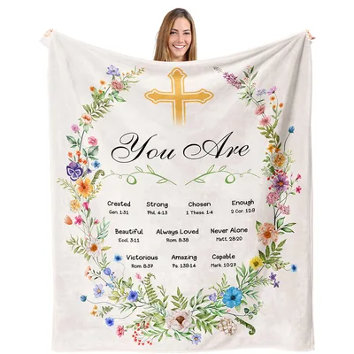 Bible Verse Encouragement Wreath Blanket featuring a golden cross