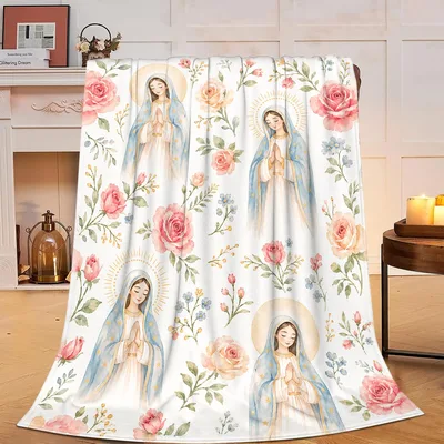 Catholic Floral Blanket with Praying Virgin Mary Figures