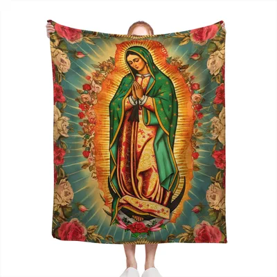 Our Lady of Guadalupe Teal Halo Blanket: Religious Art with Roses