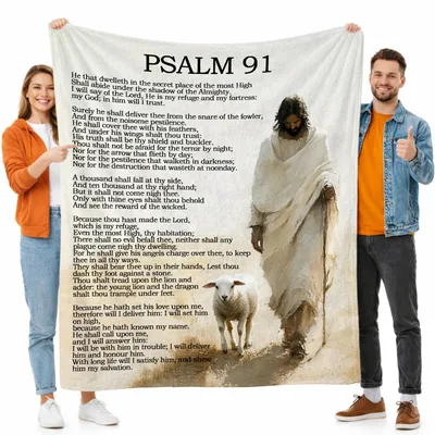 Psalm 91 Jesus Scripture Blanket Featuring Full Verse and Shepherd Art