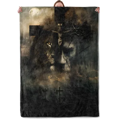 Lion Cross Christian Art Blanket: A Dark and Majestic Faith Design