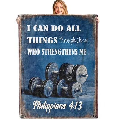 Christian Gym Motivation Blanket Featuring Dumbbells and Bible Verse