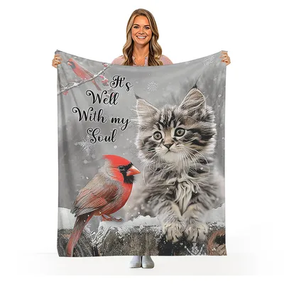 Cat Cardinal Winter Blanket: It's Well With My Soul Design