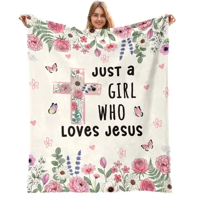 Loves Jesus Blanket: Pink Floral Cross Throw
