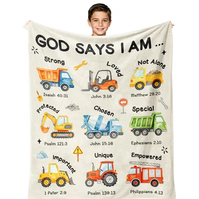 Construction Trucks Faith Verses Blanket features nine