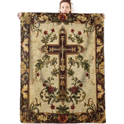 Cross Floral Vintage Tapestry Blanket: Retro Cross and Floral Design