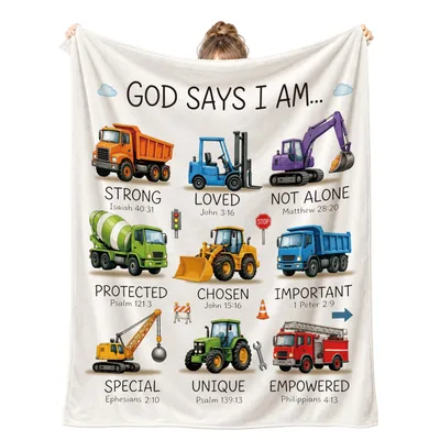 God Says I Am Construction Vehicles Blanket for Faith and Trucks