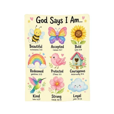 Christian Affirmations for Girls Blanket featuring God Says I Am text