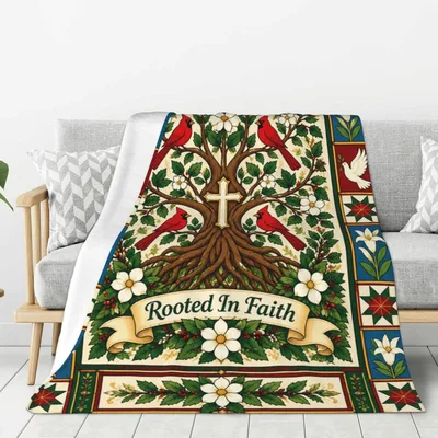Cardinal Tree of Life Blanket featuring a cross red birds