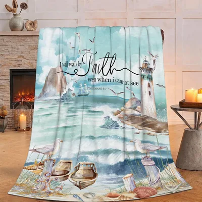 Lighthouse Faith Blanket: Ocean Scene With Scripture