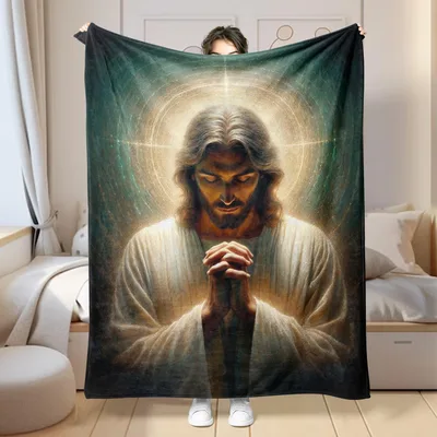 Jesus Praying with Halo Blanket: Serene Artwork for Faith
