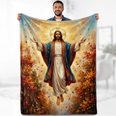 Jesus Arms Outstretched Autumn Blanket: Faith Meets Fall Foliage