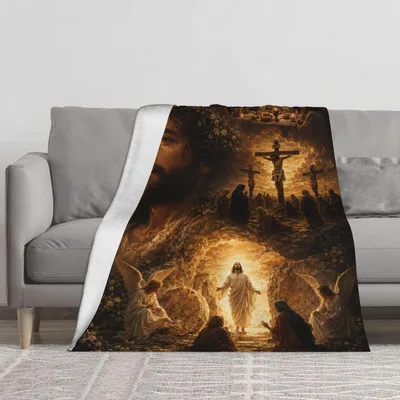 Jesus Cross in Golden Blanket Depicting Crucifixion and Resurrection