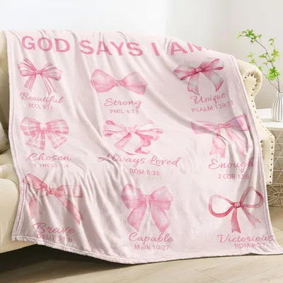 God Says I Am Bows Blanket with Pink Ribbon Scriptures