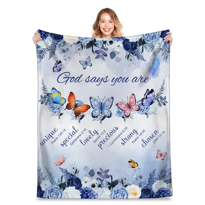God Says You Are Blanket No. 2 with Blue Floral and Butterfly Design