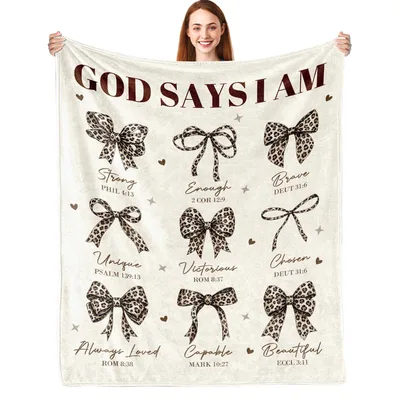 God Says I Am Leopard Blanket - Bow Design with Bible Verses