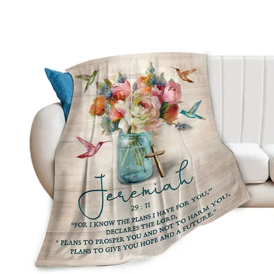Jeremiah 29:11 Floral Scripture Blanket with Hummingbirds and Cross