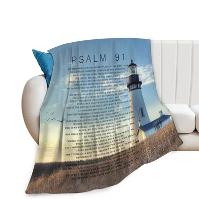 Psalm 91 Lighthouse Scripture Blanket featuring the full Bible verse