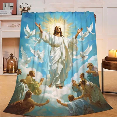 Jesus Ascending Among Clouds Blanket: A Serene Religious Art Print
