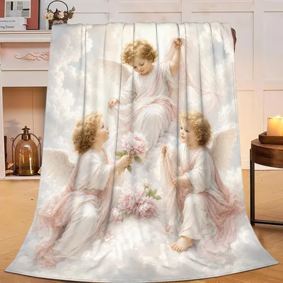 Three Angels Among Flowers Blanket: Cherubs and Pink Peonies