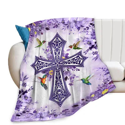 Purple Cross Hummingbird Design Blanket: Faith and Floral Art