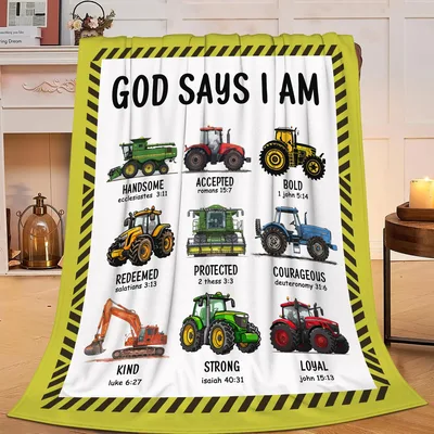 God Says I Am Scripture Tractors Blanket featuring farm vehicles