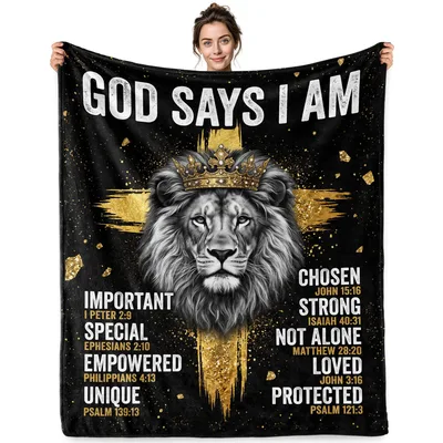 God Says I Am Lion Blanket with Crown and Bible Verses