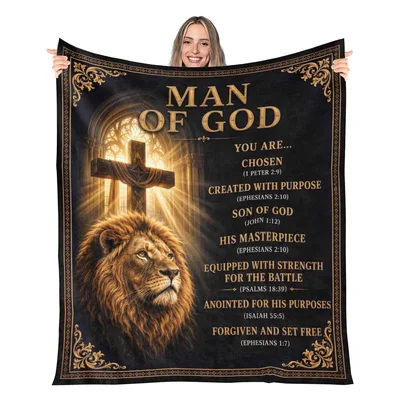 Man of God Lion Blanket with Cross and Bible Verses