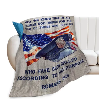 Romans 8:28 Bible Verse Blanket with Police Cap and Flag Design