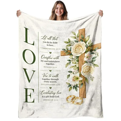 Love Cross with Roses Blanket featuring vertical LOVE text