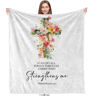 Floral Cross Bible Verse Blanket with Philippians 4:13 Quote