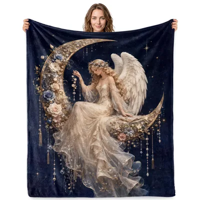 Guardian Angel on Crescent Blanket: Ethereal Moon Design