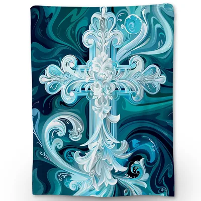 Ornate Cross Teal Swirl Blanket: Decorative Christian Art Design