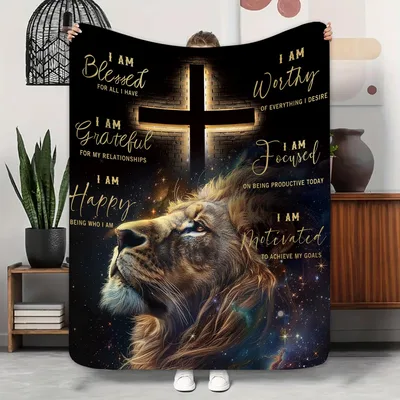 I Am Blessed Lion Blanket: Cross and Affirmation Design for Faith