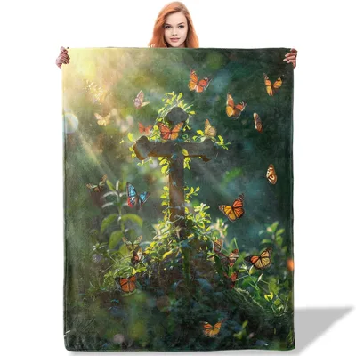 Butterfly Garden Cross Blanket: Nature-Inspired Faith Design