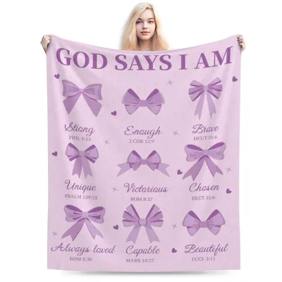 God Says I Am Affirmations Blanket with Purple Bows and Bible Verses