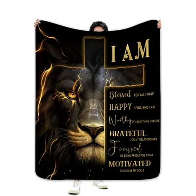 I Am Lion Inspirational Blanket with Cross and Affirmation Text