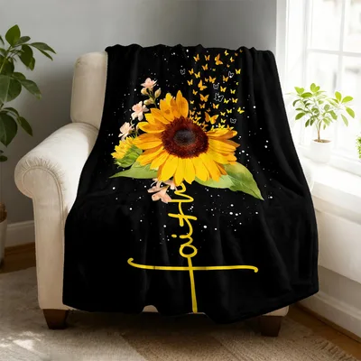 Sunflower Butterflies Faith Cross Blanket for Christian Home Decor