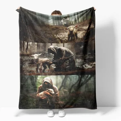 Jesus Carrying Lost Lamb Blanket features a hooded figure